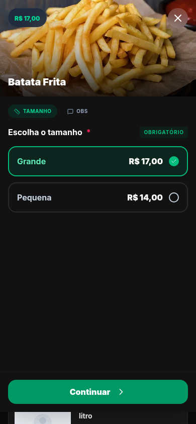 Tela real do wZapFlow com as opções de tamanho de um produto